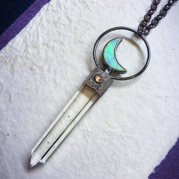 Quartz, Monarch Opal Crescent Moon Necklace in Electroformed Copper by Query Eve - Picture 2 of 10